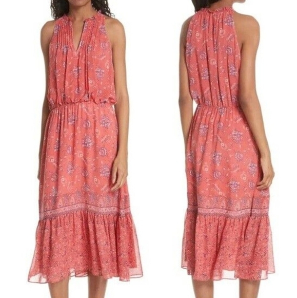 Joie 100% Silk Coral Pink Print Sheer Tiered Halter Midi Flowy Sundress Sz M - Picture 13 of 14